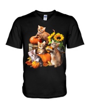 Cat Sunflower Pumpkin V-Neck T-Shirt tile