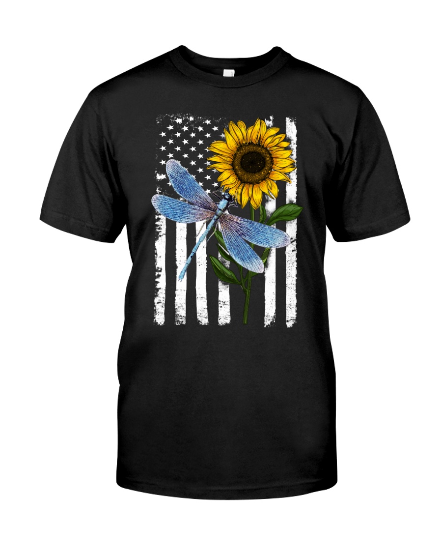 American Flag Sunflower Dragonfly Classic T-Shirt