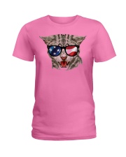Cat With USA Flag Sunglasses Patriotic American Ladies T-Shirt thumbnail