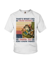 Cat Reads Book Drinks Tea and Knows Things Youth T-Shirt tile