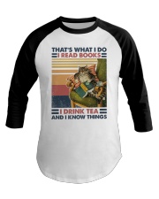 Cat Reads Book Drinks Tea and Knows Things Baseball Tee tile
