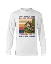 Cat Reads Book Drinks Tea and Knows Things Long Sleeve Tee tile