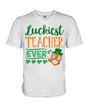 Owl Luckiest teacher ever V-Neck T-Shirt tile