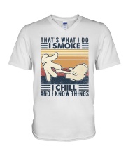 I chill and I know things V-Neck T-Shirt tile