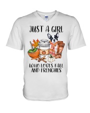 Just a girl who love fall and dogs V-Neck T-Shirt tile