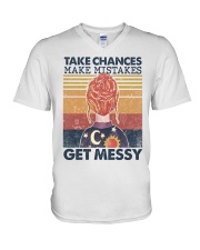 Take chances make mistake get messy V-Neck T-Shirt tile