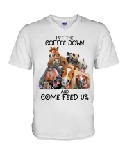 Put the coffee down and come feed us V-Neck T-Shirt tile