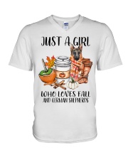 Just a girl who love fall and dogs V-Neck T-Shirt tile