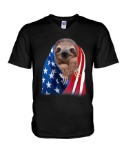 Sloth American Flag V-Neck T-Shirt tile