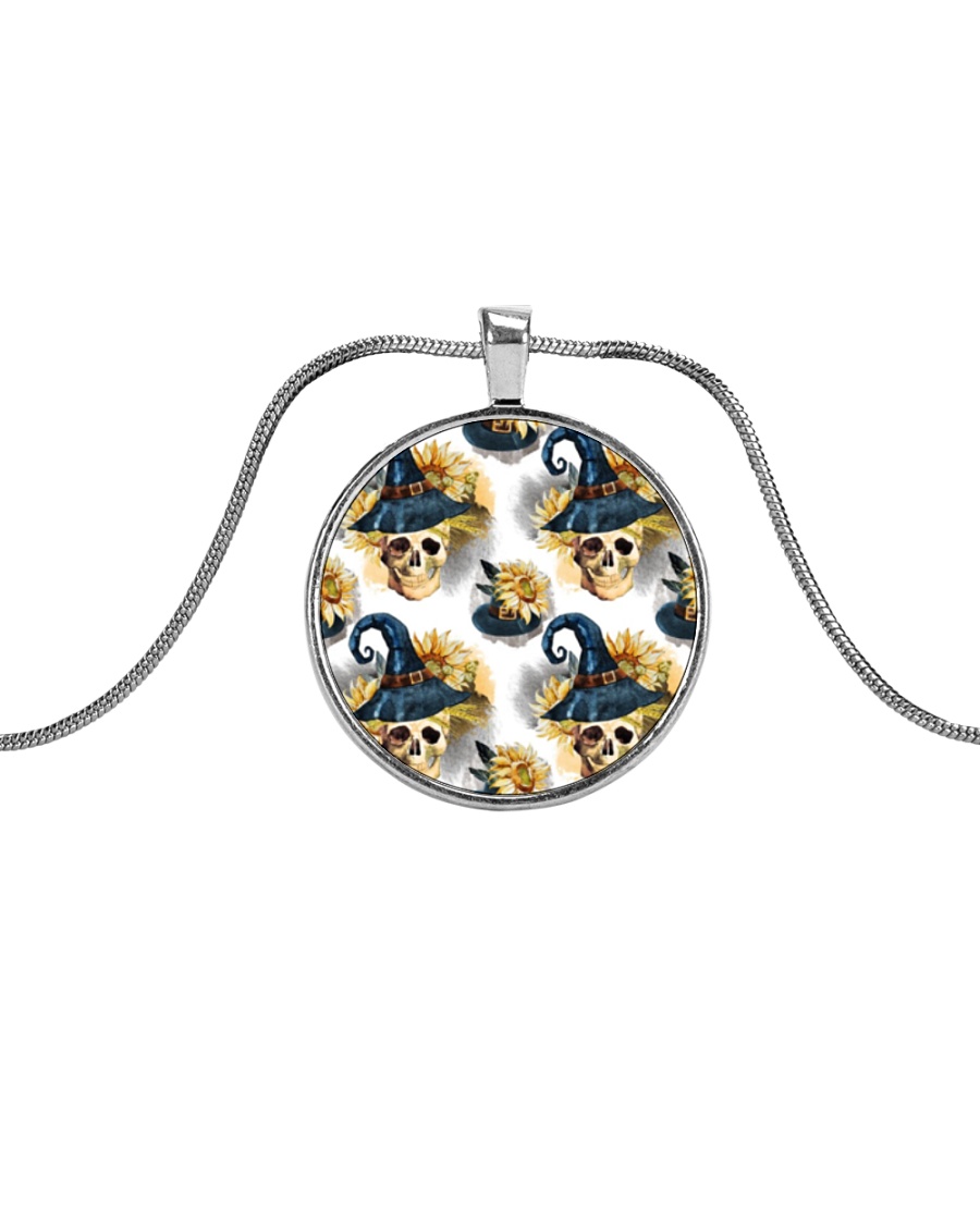 Witchy Sunflower Skull Pattern Metallic Circle Necklace