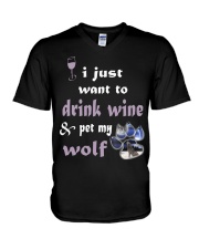 Drink wine and pet my wolf V-Neck T-Shirt thumbnail