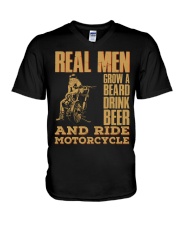 Real men grow a beard drink beer and ride motorcycle V-Neck T-Shirt tile
