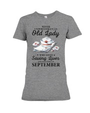 never underestimate an old lady September nurse Premium Fit Ladies Tee tile