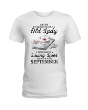 never underestimate an old lady September nurse Ladies T-Shirt tile
