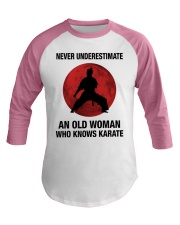 Never underestimate an old woman who knows karate Baseball Tee tile
