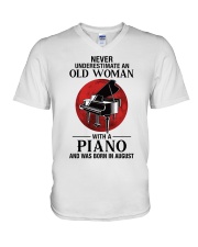 Never underestimate old woman who knows piano and was born in august V-Neck T-Shirt tile