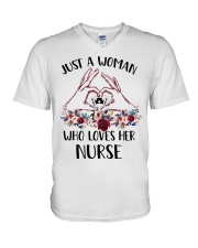 just a woman who loves her nurse V-Neck T-Shirt tile