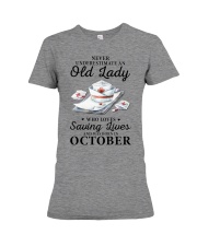 never underestimate an old lady October nurse Premium Fit Ladies Tee tile