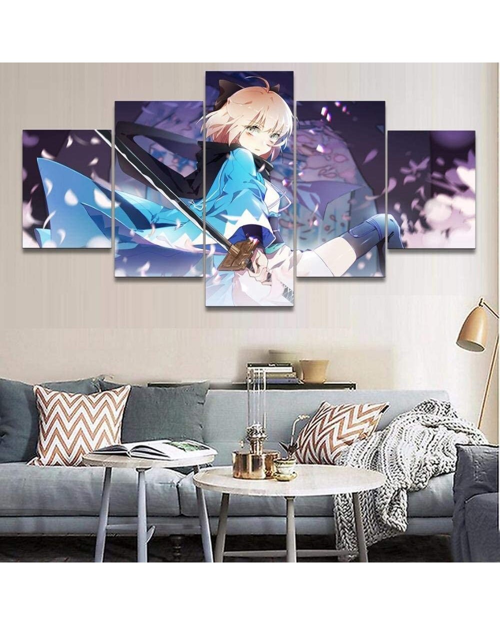 Anime Manga Kimono Girl Katana Figure Picture Print Anime 5 Panel Canvas Art Wall Decor template