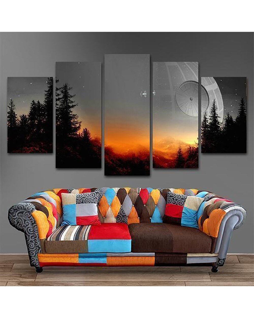 Satellite from Afar in Sunset Picture Print Scenery 5 Panel Canvas Art Wall Decor template