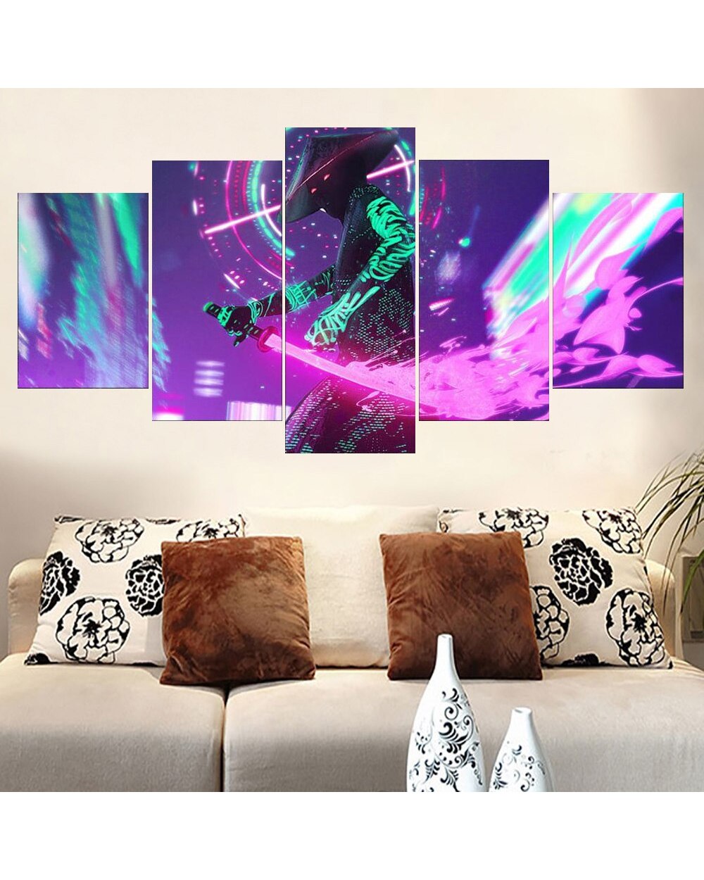 Anime Manga Picture Retrowave Samurai Figure Picture Print Anime 5 Panel Canvas Art Wall Decor template
