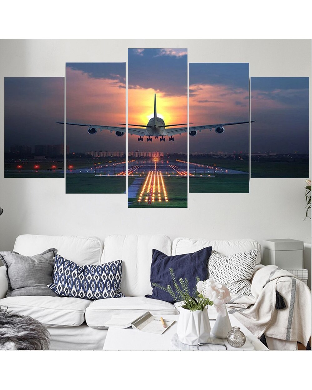 Airplane Aviation Landing Sunset Picture Print Scenery 5 Panel Canvas Art Wall Decor template