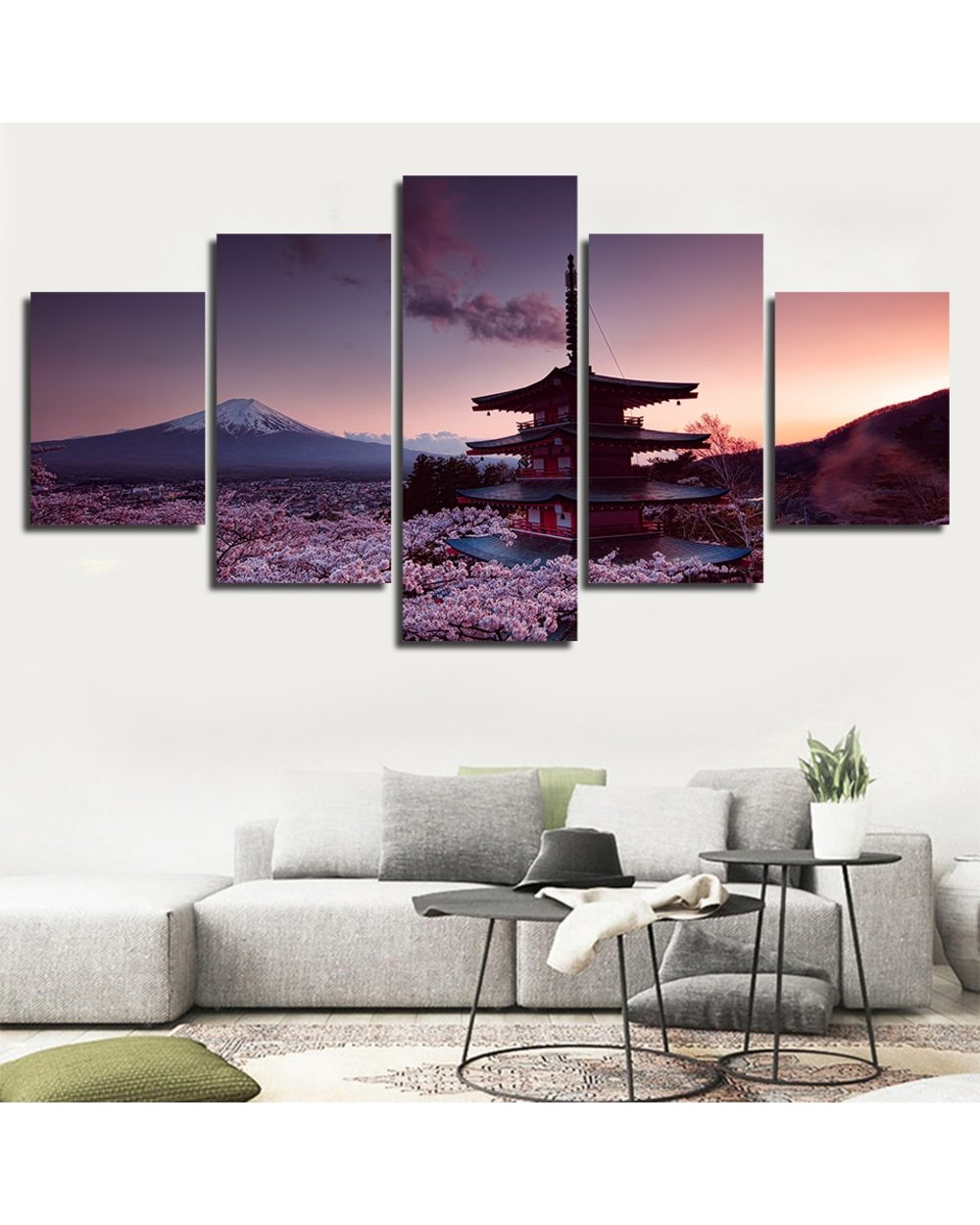LDSP Chureito Pagoda Mount Fuji Picture Print Scenery 5 Panel Canvas Art Wall Decor template
