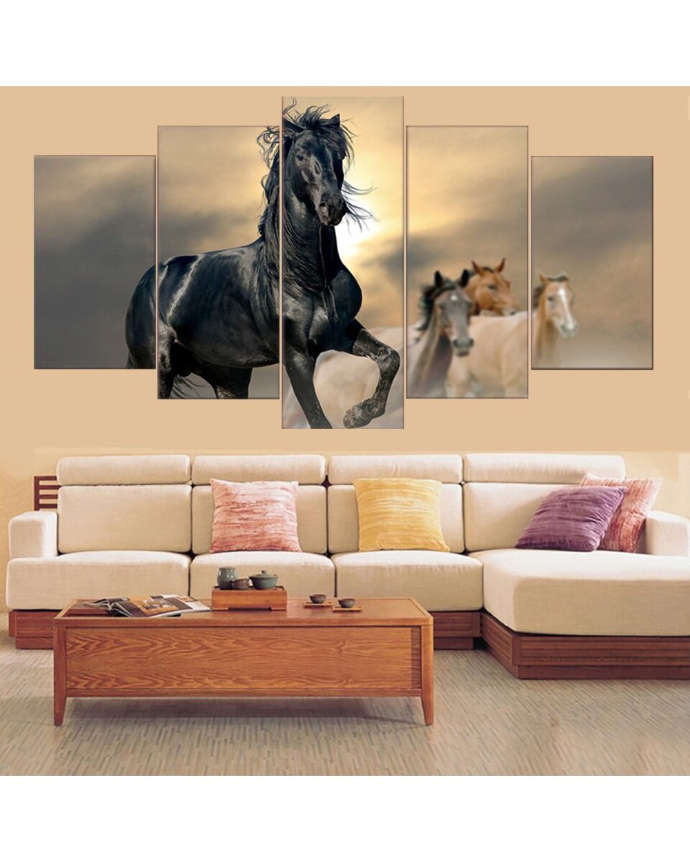 Animal Poster Black Brown Horse Picture Print Animal 5 Panel Canvas Art Wall Decor template