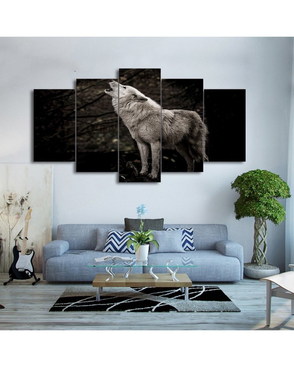 Howling White Wolf Abstract Painting Animal 5 Panel Canvas Art Wall Decor template