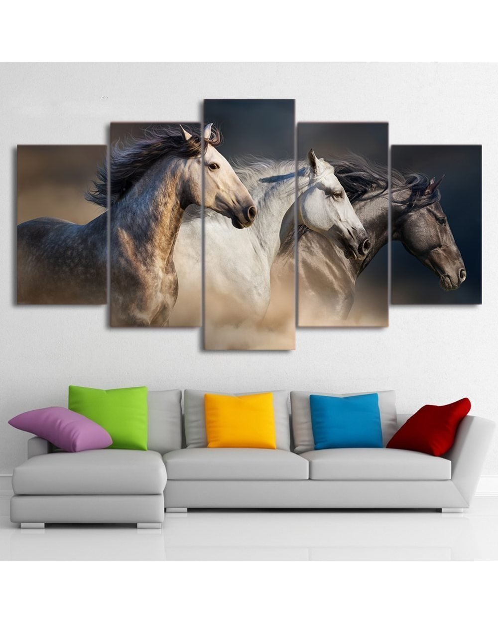 Running White Horse Painting Animal Print Animal 5 Panel Canvas Art Wall Decor template