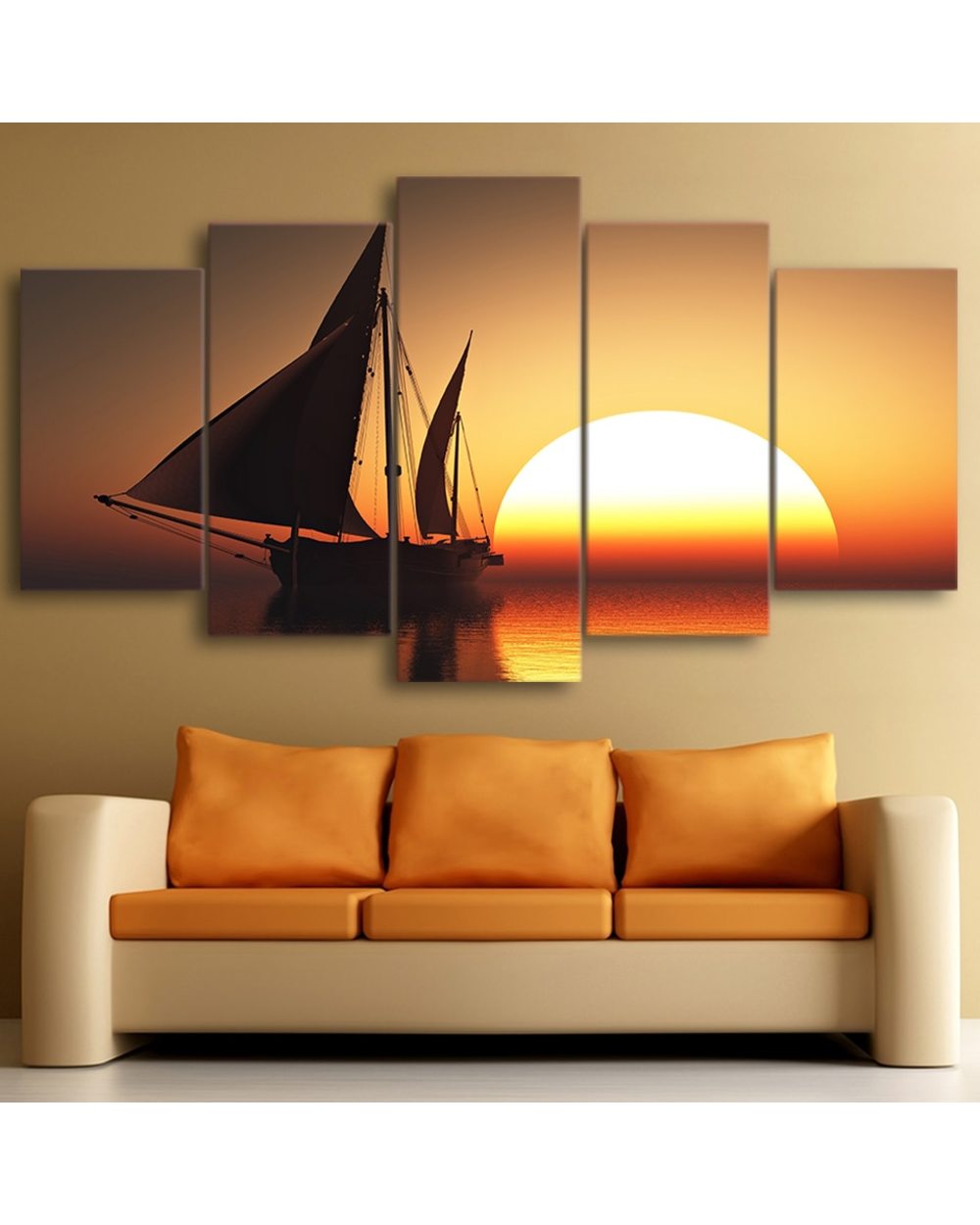 Sun Sea Ship Picture Print Scenery 5 Panel Canvas Art Wall Decor template