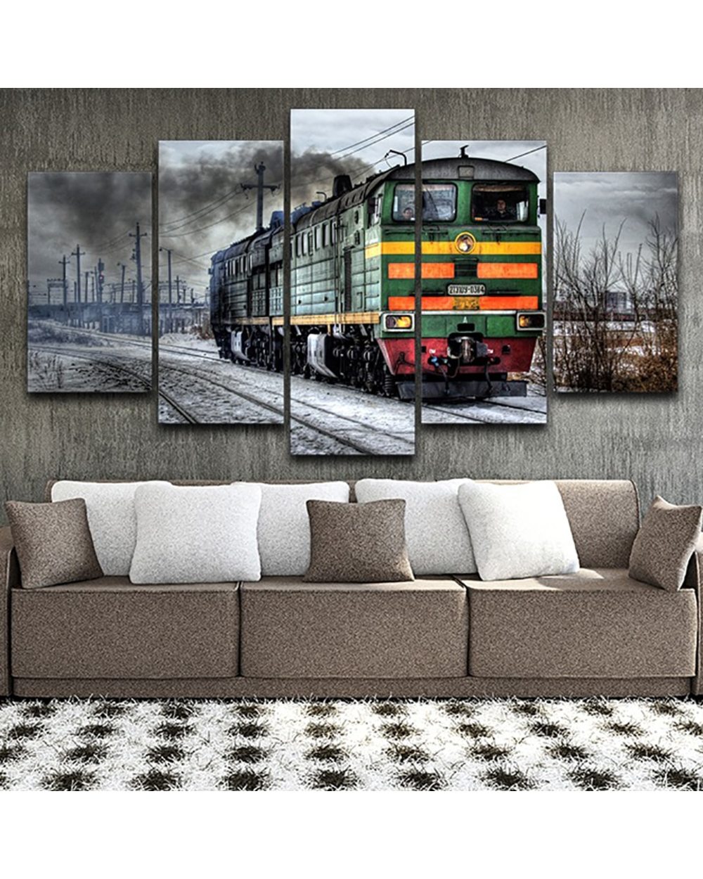 Tableau Old Locomotive Landscape Modern Picture Print Abstract 5 Panel Canvas Art Wall Decor template