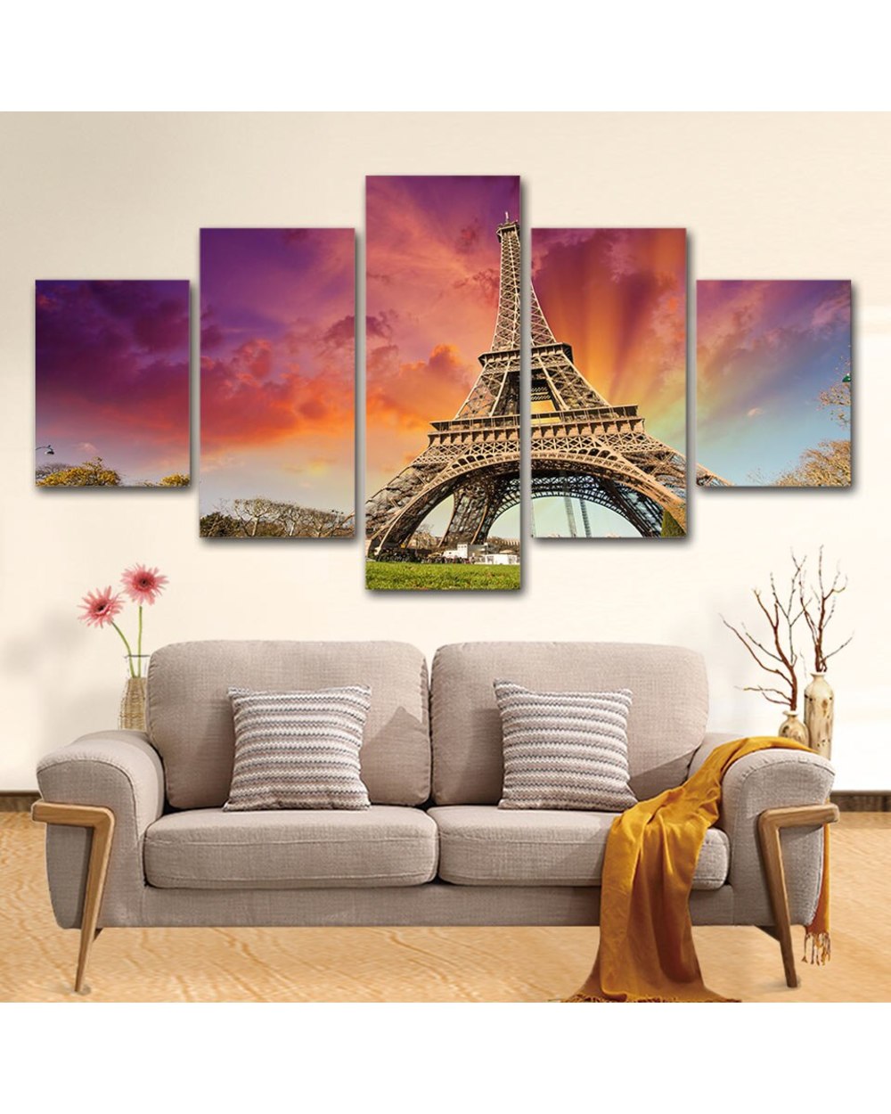 Paris Tower Sunset Landscape Picture Print Scenery 5 Panel Canvas Art Wall Decor template