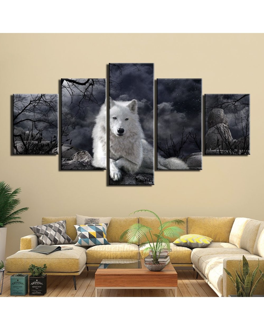 White Wolf Painting Picture Animal 5 Panel Canvas Art Wall Decor template