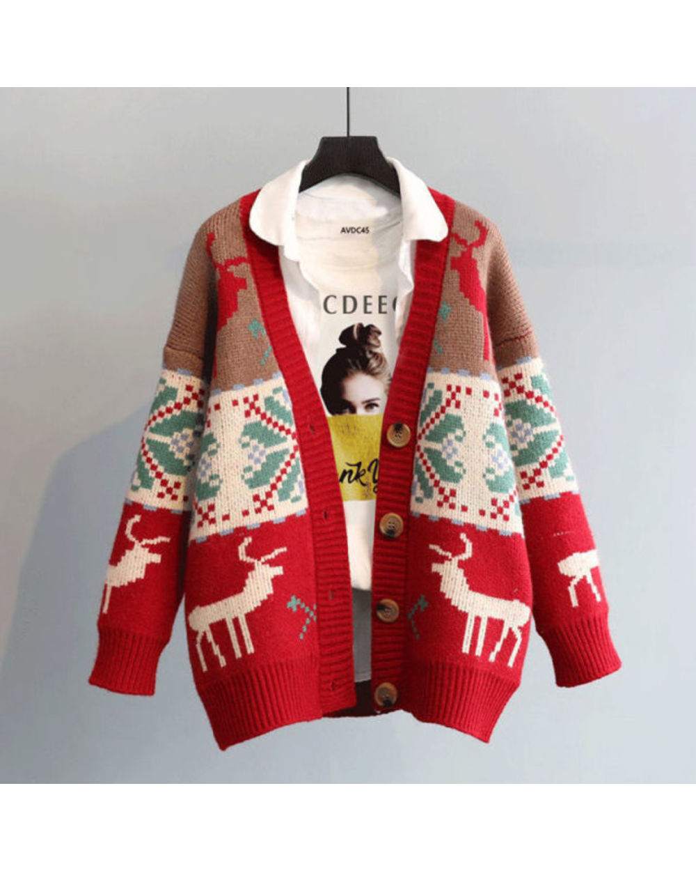Fashion Deer Cartoon Print Women Cardigan Autumn Loose Knitted Sweater V-neck Single Breasted Christmas Ladies Cardigans template