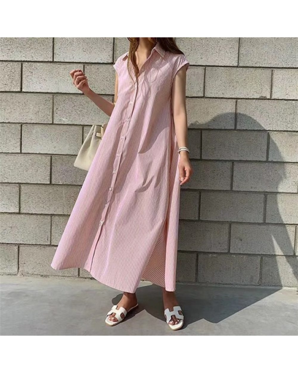 Women Spring Summer Shirt Dress Multi Colors Casual Sleeveless Striped Oversize Lace Up Long Dress template
