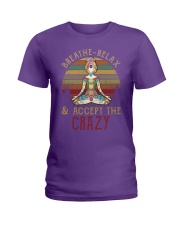 Yoga namaste breathe relax Ladies T-Shirt tile