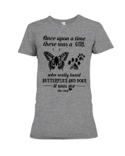A Girl Who Really Loved Butterflies And Dogs Premium Fit Ladies Tee tile