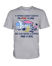 A Woman Needs A Camper And A Dog On Wine V-Neck T-Shirt tile