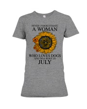 A Woman Who Loves Dogs And Was Born In July Premium Fit Ladies Tee tile