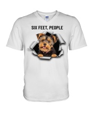 Yorkshire terrier six feet people V-Neck T-Shirt tile