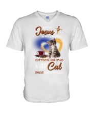 Cats coffee and God V-Neck T-Shirt tile