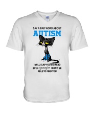 Say a bad world about autism V-Neck T-Shirt tile