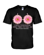 Check your boobs mine tried to kill me V-Neck T-Shirt tile