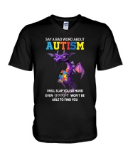 Say a bad world about autism V-Neck T-Shirt tile
