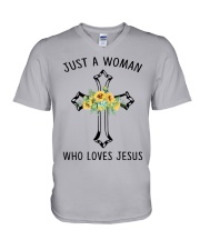 Just a woman who love Jesus V-Neck T-Shirt tile