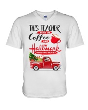 Teacher - Runs on Coffee V-Neck T-Shirt thumbnail