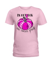 Breast Cancer In October We Wear Pink Pumpkin Ladies T-Shirt front