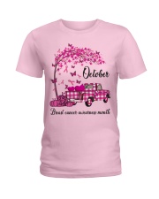 Breast Cancer Awareness October Pink Plaid Truck Ladies T-Shirt front