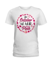 In October We Wear Pink Leaves Pumpkin Ribbon Ladies T-Shirt front